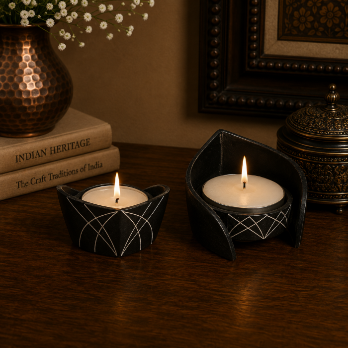 Handcrafted Bidri Pure Silver Wire Inlay T-Lite Diya Candle Stand – 4 cm thumbnail 2