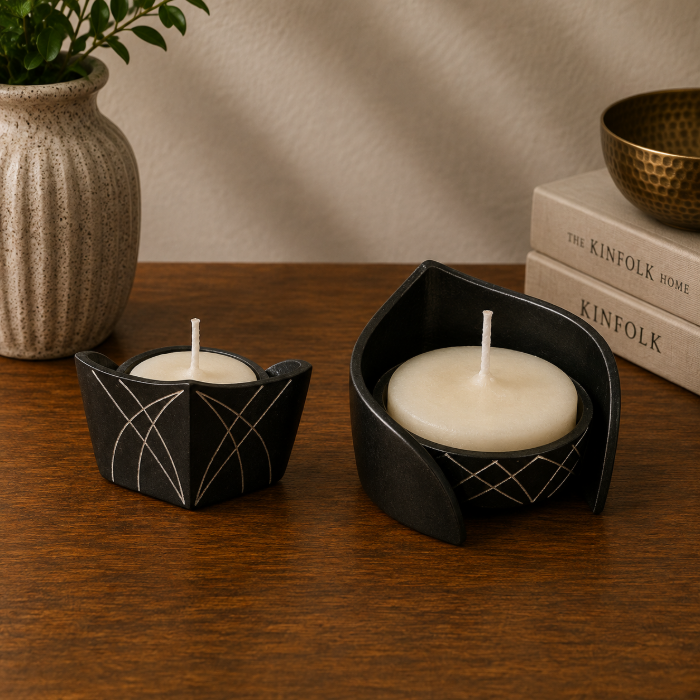 Handcrafted Bidri Pure Silver Wire Inlay T-Lite Diya Candle Stand – 4 cm thumbnail 3