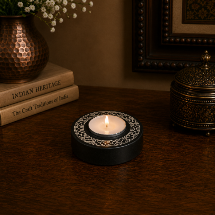 Handcrafted Bidri Pure Silver Wire Inlay T-Lite Diya Candle Stand – 4 cm thumbnail 2