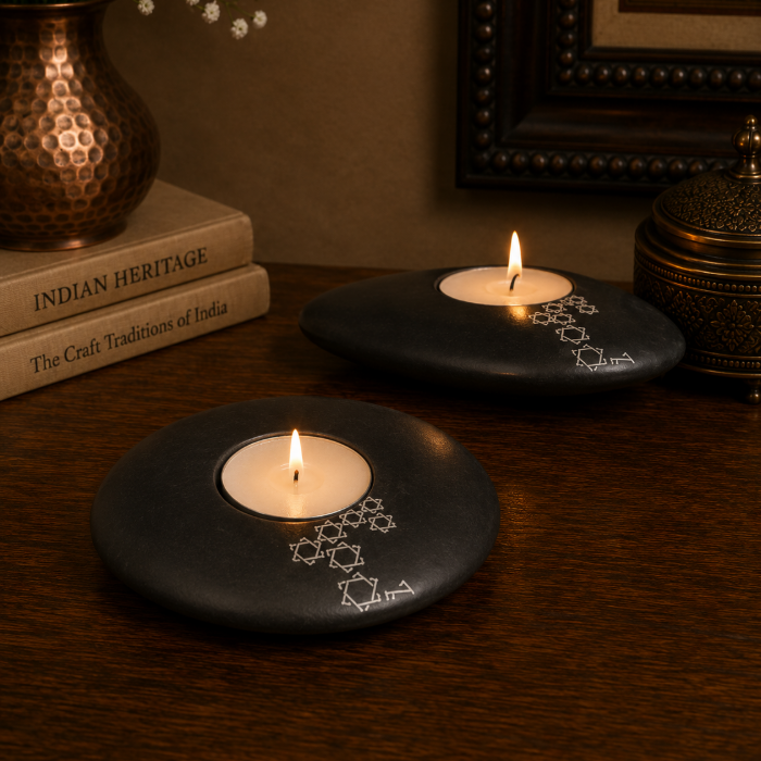 Handcrafted Bidri Pure Silver Wire Inlay T-Lite Diya Candle Stand – 4 cm thumbnail 2