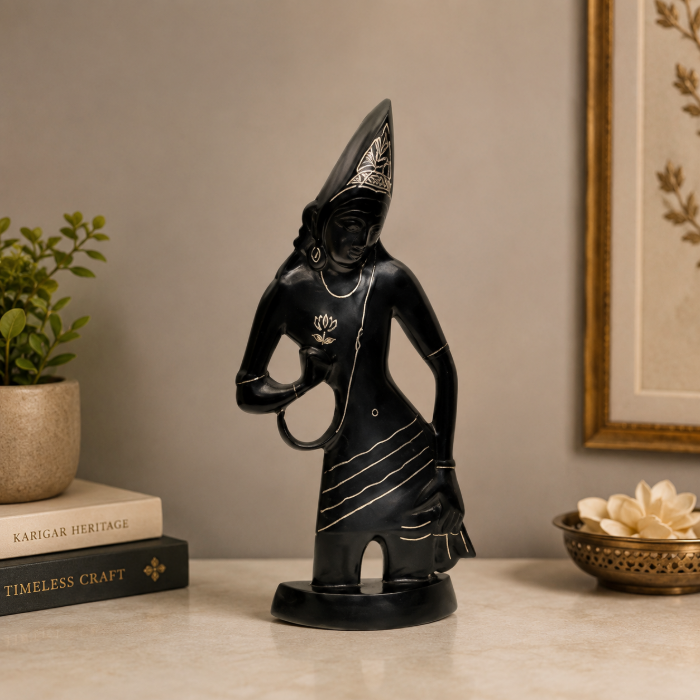 Heritage Bidri Pure Silver Wire Inlay Ajanta Statue – 10 Inch thumbnail 2
