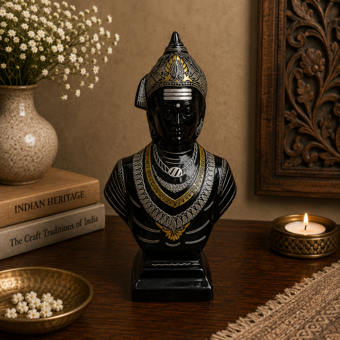 Handcrafted Bidri Pure Silver Wire & Sheet Inlay Lord Basavanna Bust – 12 Inch thumbnail 3