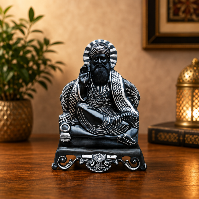 Handcrafted Bidri Guru Nanak Statue with Pure Silver Wire Inlay – 1500g thumbnail 2