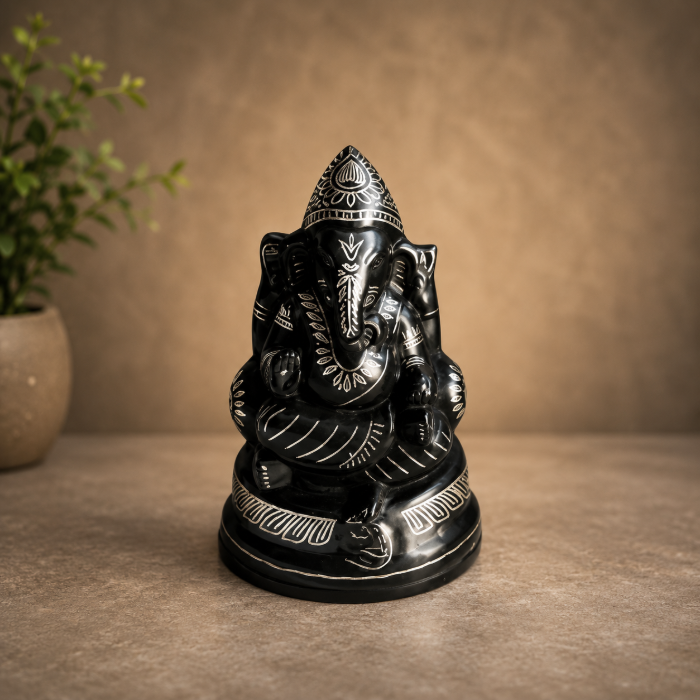 Handcrafted Bidri Lord Ganesha Statue with Pure Silver Wire Inlay – 6 Inches thumbnail 2