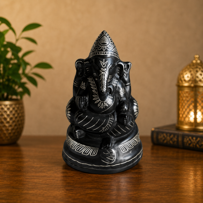 Handcrafted Bidri Lord Ganesha Statue with Pure Silver Wire Inlay – 6 Inches thumbnail 3