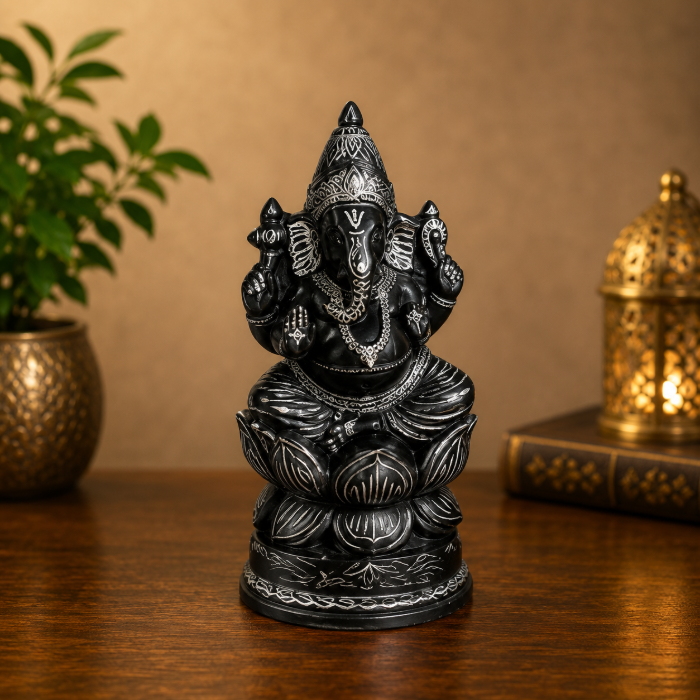Handcrafted Bidri Lord Ganesha Statue with Pure Silver Wire Inlay – 6 Inches thumbnail 2