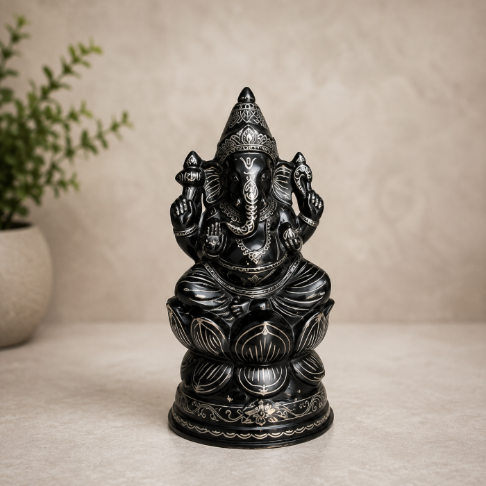 Handcrafted Bidri Lord Ganesha Statue with Pure Silver Wire Inlay – 6 Inches thumbnail 3
