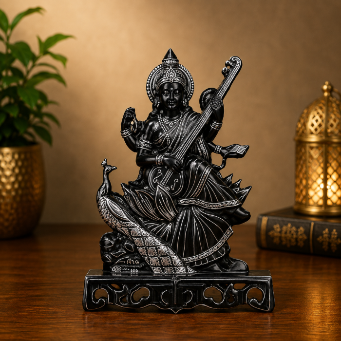 Handcrafted Bidri Saraswati Statue with Pure Silver Wire Inlay – 8 Inches thumbnail 2