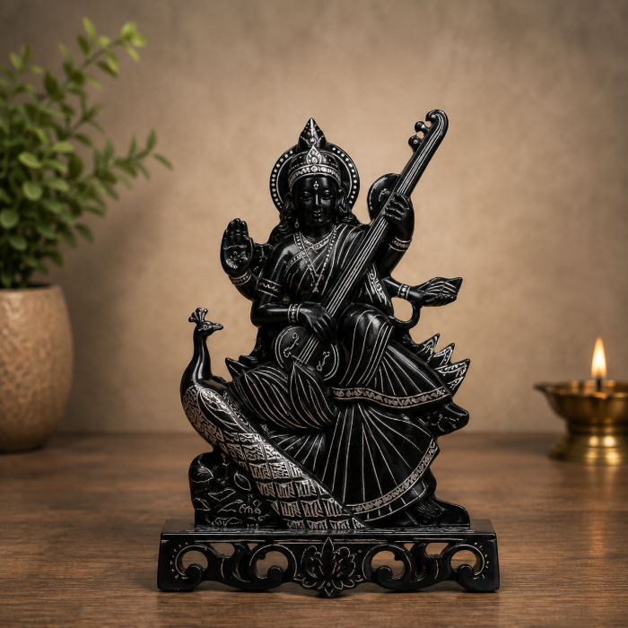 Handcrafted Bidri Saraswati Statue with Pure Silver Wire Inlay – 8 Inches thumbnail 3