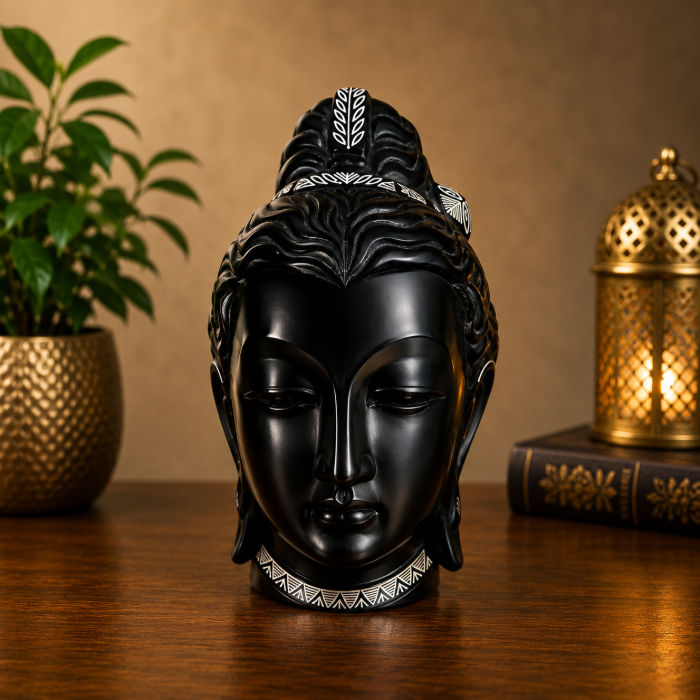 Handcrafted Bidri Buddha Face Wall Hanging with Pure Silver Wire Inlay – 9 Inches thumbnail 2