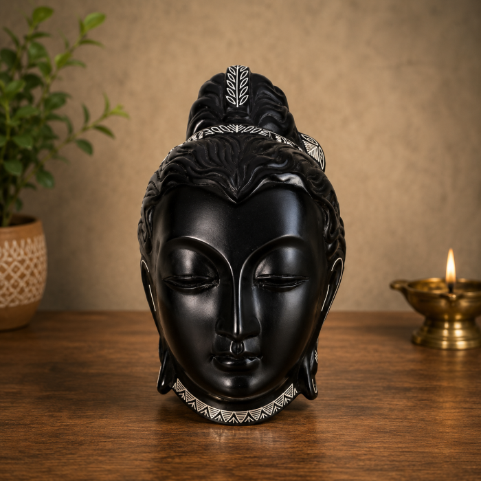 Handcrafted Bidri Buddha Face Wall Hanging with Pure Silver Wire Inlay – 9 Inches thumbnail 3