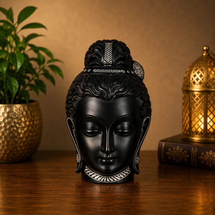 Handcrafted Bidri Buddha Face Wall Hanging with Pure Silver Wire & Sheet Inlay – 9 Inches thumbnail 2