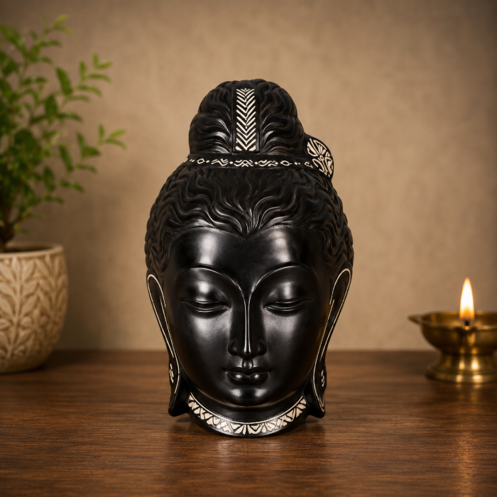Handcrafted Bidri Buddha Face Wall Hanging with Pure Silver Wire & Sheet Inlay – 9 Inches thumbnail 3