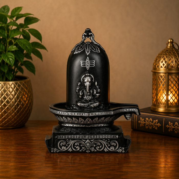 Handcrafted Bidri Ganesh with Shivling Statue – Pure Silver Wire & Sheet Inlay, 7 Inches thumbnail 2