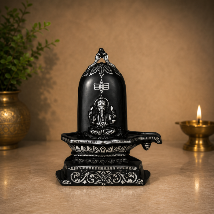 Handcrafted Bidri Ganesh with Shivling Statue – Pure Silver Wire & Sheet Inlay, 7 Inches thumbnail 3