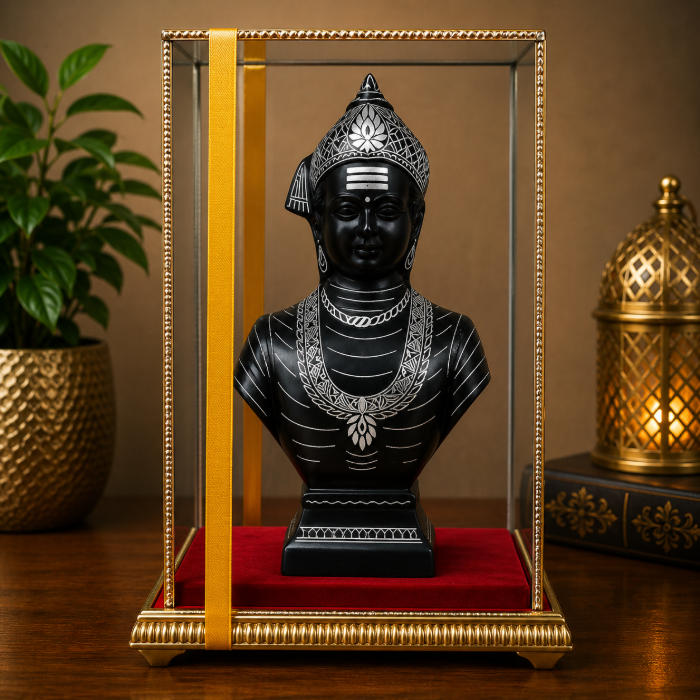 Handcrafted Bidri Lord Basavanna Bust with Pure Silver Wire & Sheet Inlay – 6 Inches thumbnail 2