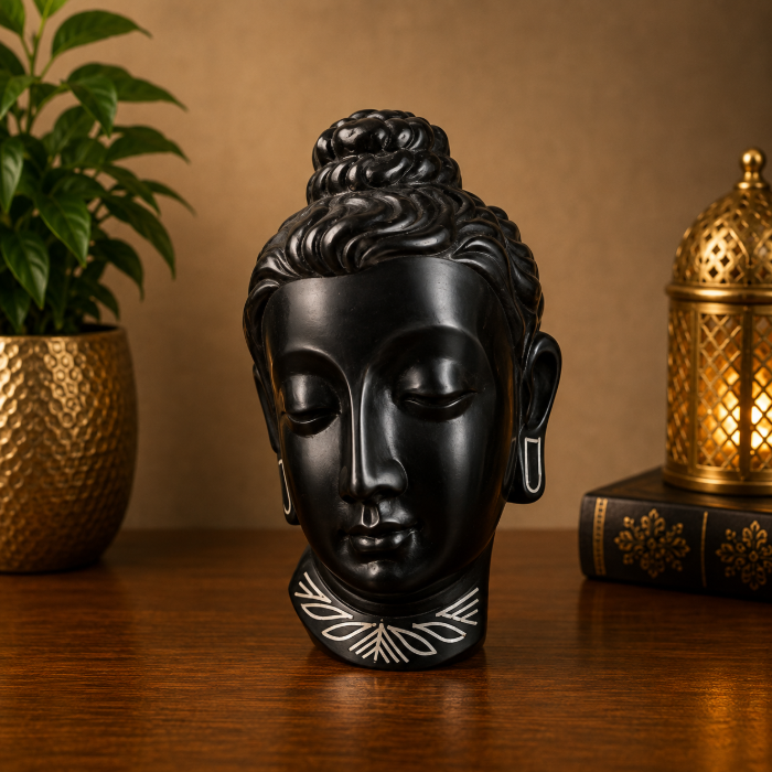 Handcrafted Bidri Lord Buddha Face Showpiece with Pure Silver Wire Inlay – 3 Inches thumbnail 2