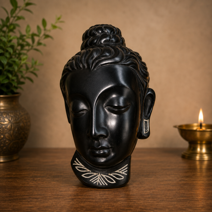 Handcrafted Bidri Lord Buddha Face Showpiece with Pure Silver Wire Inlay – 3 Inches thumbnail 3