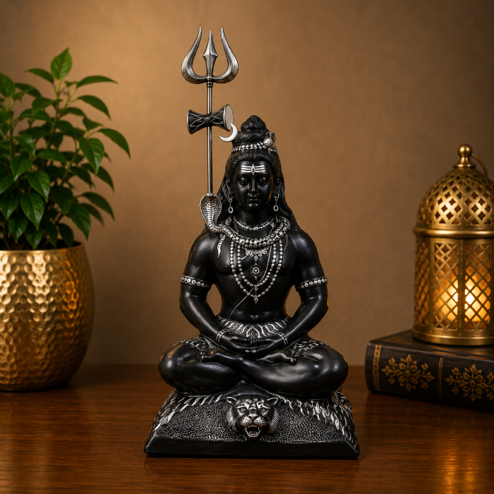 Handcrafted Bidri Lord Shiva Sculpture with Pure Silver Wire Inlay – 32 Inches thumbnail 2