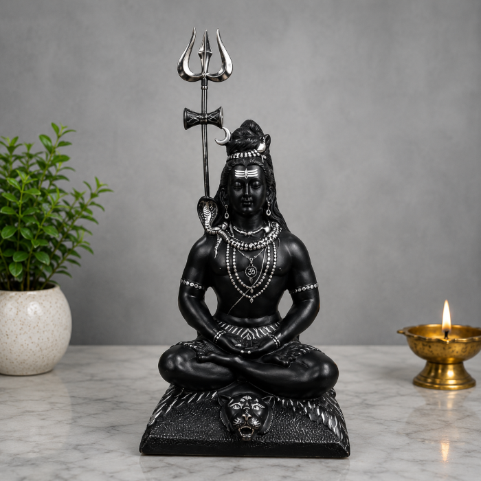 Handcrafted Bidri Lord Shiva Sculpture with Pure Silver Wire Inlay – 32 Inches thumbnail 3