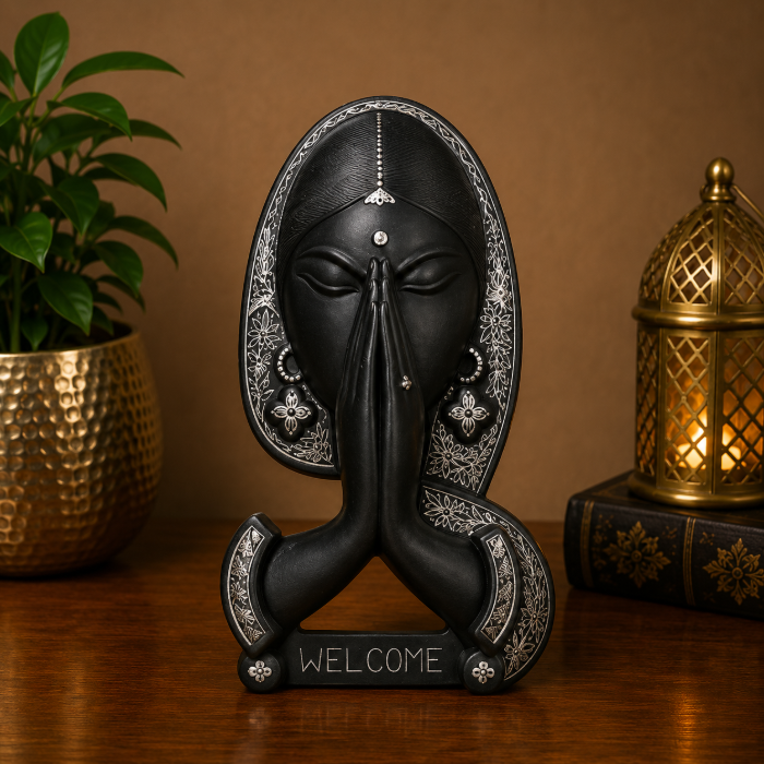 Handcrafted Bidri “Welcome” Wall Hanging with Pure Silver Wire Inlay – 10 Inches thumbnail 2