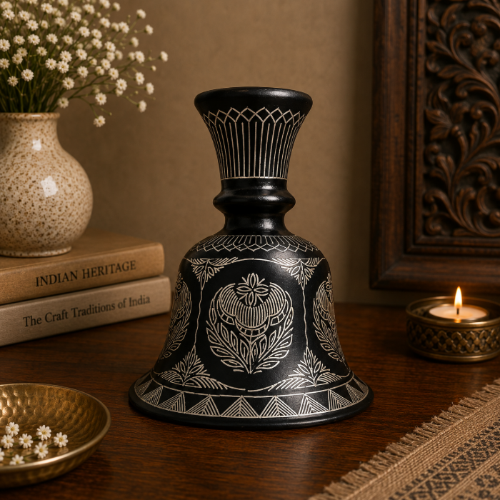 Handcrafted Bidri Pure Silver Sheet Inlay Hookah Base & Candle Stand – 6 Inch thumbnail 2