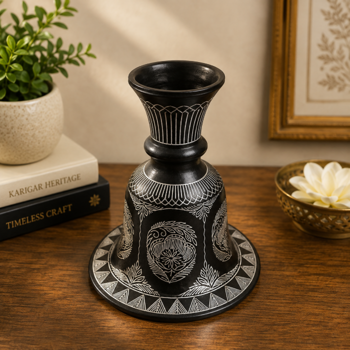 Handcrafted Bidri Pure Silver Wire Inlay Candle Stand & Hookah Base – 7 Inch thumbnail 2