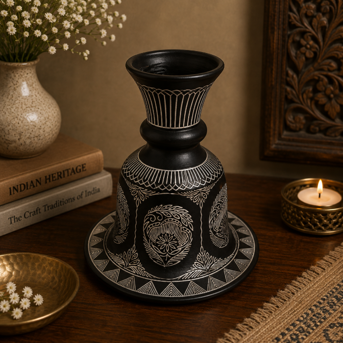 Handcrafted Bidri Pure Silver Wire Inlay Candle Stand & Hookah Base – 7 Inch thumbnail 3