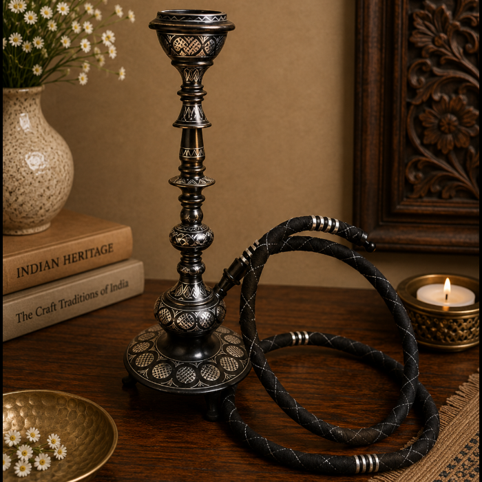 Heritage Bidri Pure Silver Star Inlay Hookah – 20 Inch thumbnail 2