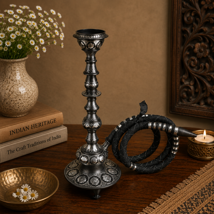 Premium Bidri Pure Silver Sheet Inlay Hookah – 18 Inch thumbnail 2