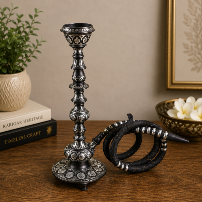 Premium Bidri Pure Silver Sheet Inlay Hookah – 18 Inch thumbnail 3