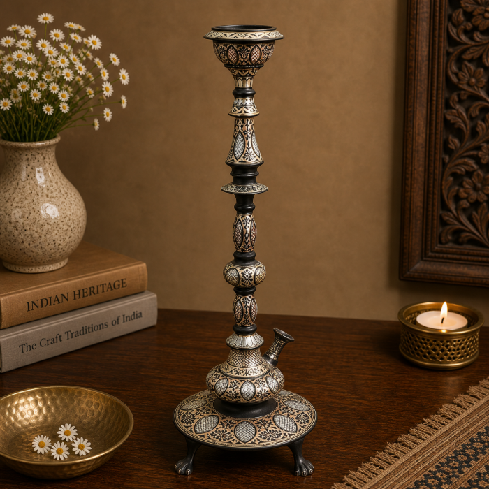 Grand Bidri Pure Silver & Brass Sheet Star Inlay Hookah – 29 Inch thumbnail 2