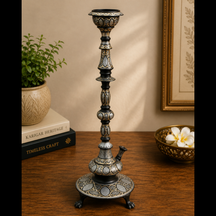 Grand Bidri Pure Silver & Brass Sheet Star Inlay Hookah – 29 Inch thumbnail 3