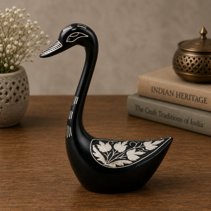 Handcrafted Bidri Pure Silver Sheet Inlay Duck Key Chain Stand – 5 Inch thumbnail 2