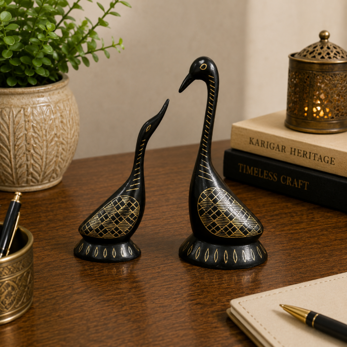 Elegant Bidri Pure Silver Sheet Inlay Swan Pair Paperweight – 4 Inch thumbnail 2