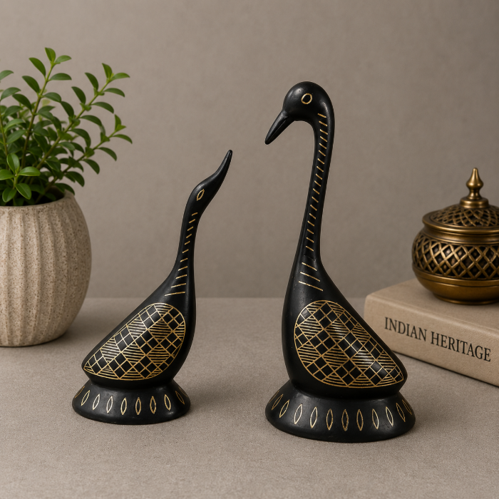 Elegant Bidri Pure Silver Sheet Inlay Swan Pair Paperweight – 4 Inch thumbnail 3