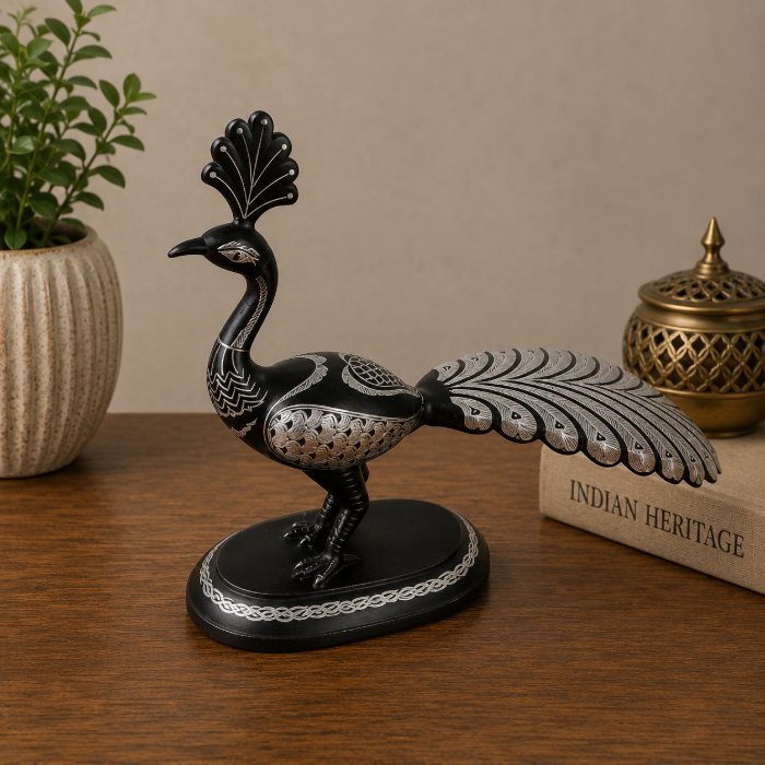 Grand Bidri Pure Silver Wire Inlay Unique Peacock Showpiece – 10 Inch thumbnail 2