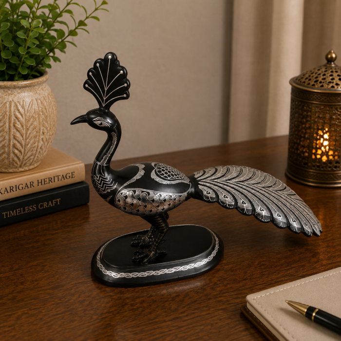 Grand Bidri Pure Silver Wire Inlay Unique Peacock Showpiece – 10 Inch thumbnail 3