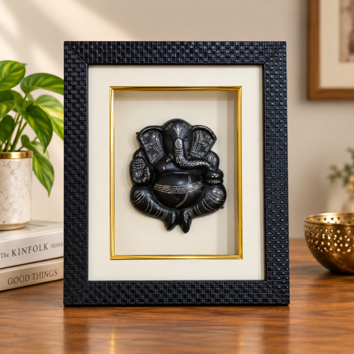 Handcrafted Bidri Lord Ganesha Wall Hanging & Standing Frame with Pure Silver Inlay – 9 x 11 Inch thumbnail 2