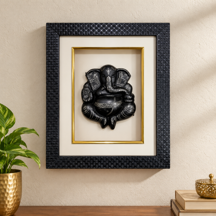 Handcrafted Bidri Lord Ganesha Wall Hanging & Standing Frame with Pure Silver Inlay – 9 x 11 Inch thumbnail 3