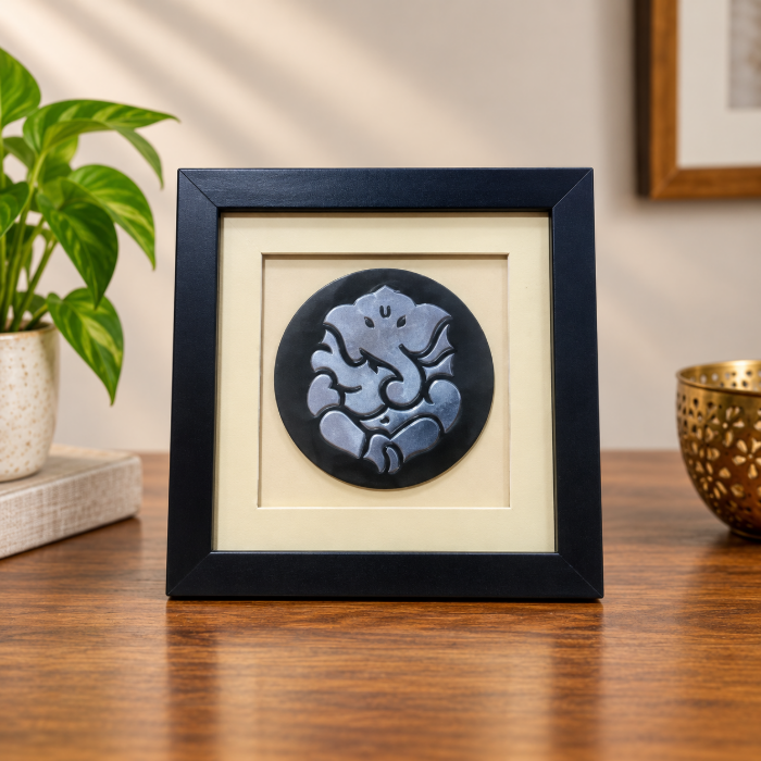 Handcrafted Bidri Lord Ganesha Photo Frame with Pure Silver Sheet Inlay – 10 x 10 Inch thumbnail 2