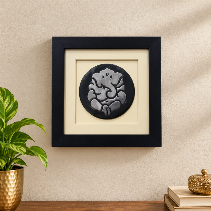 Handcrafted Bidri Lord Ganesha Photo Frame with Pure Silver Sheet Inlay – 10 x 10 Inch thumbnail 3