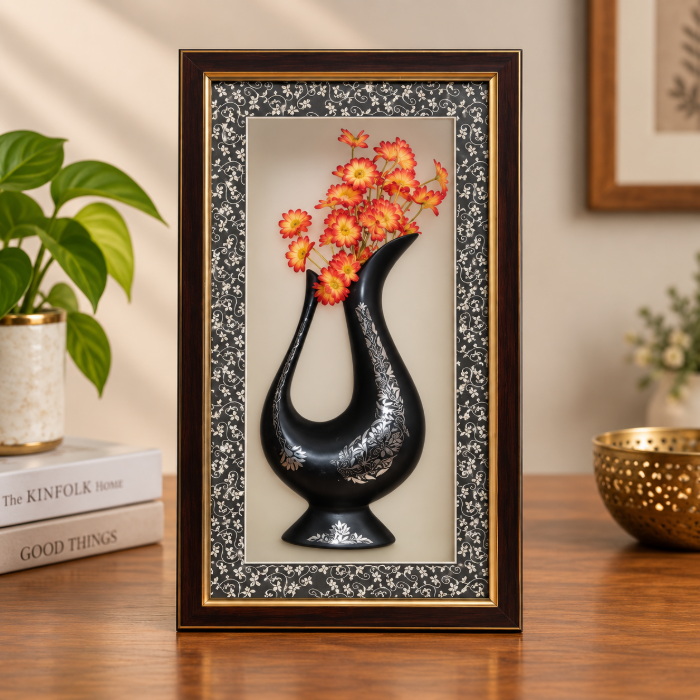 Handcrafted Bidri Jug Wall Hanging Frame Plate with Pure Silver Sheet Work – 12 Inch thumbnail 2