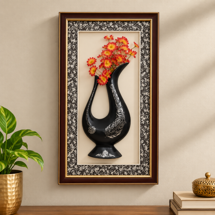 Handcrafted Bidri Jug Wall Hanging Frame Plate with Pure Silver Sheet Work – 12 Inch thumbnail 3