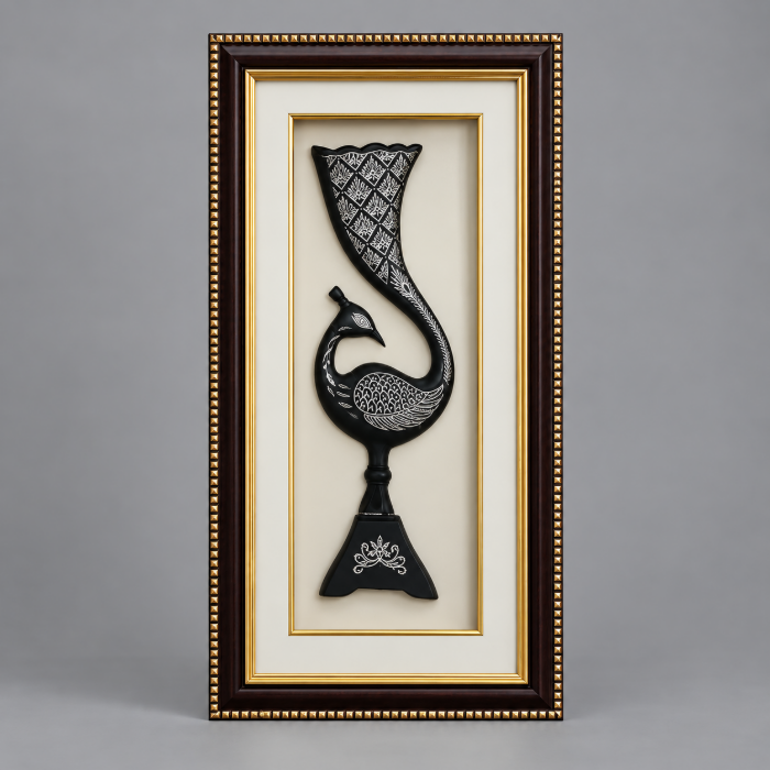 Handcrafted Bidri Peacock Vase Wall Hanging Frame with Pure Silver Wirework – 12 Inch