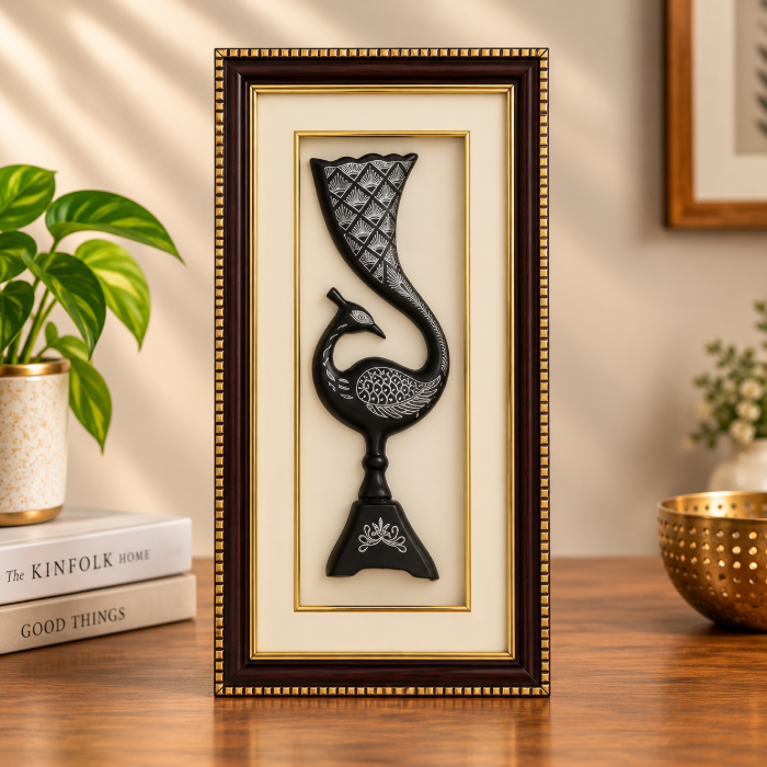 Handcrafted Bidri Peacock Vase Wall Hanging Frame with Pure Silver Wirework – 12 Inch thumbnail 2