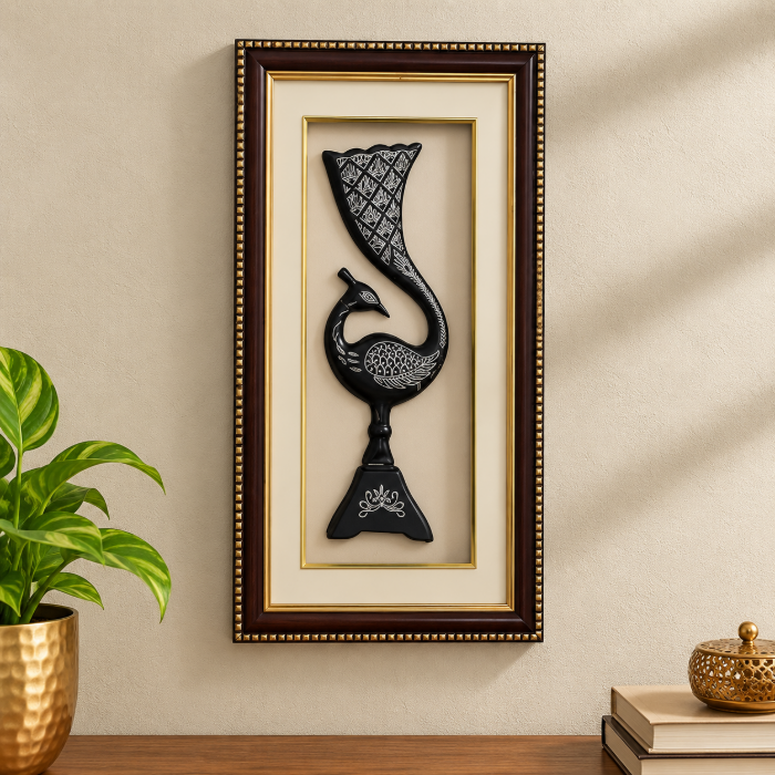 Handcrafted Bidri Peacock Vase Wall Hanging Frame with Pure Silver Wirework – 12 Inch thumbnail 3