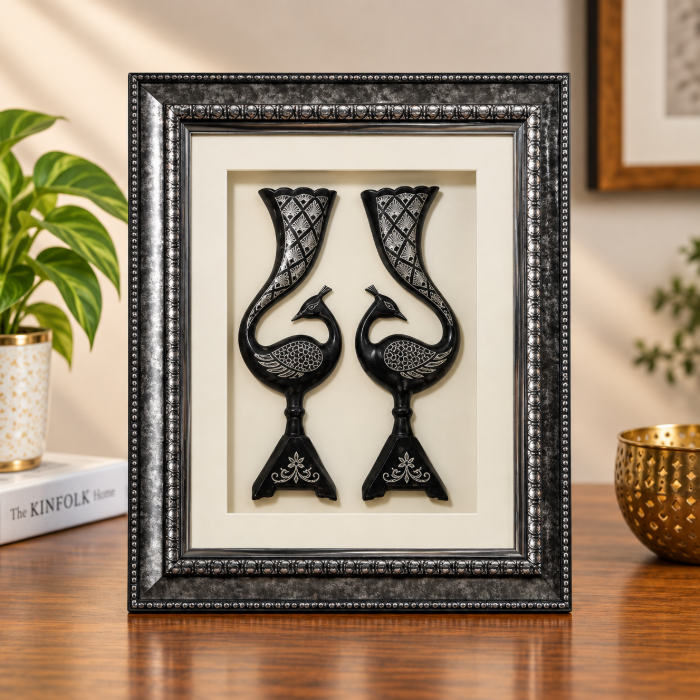 Handcrafted Bidri Peacock Vase Wall Hanging with Pure Silver Wirework – 12 Inch thumbnail 2