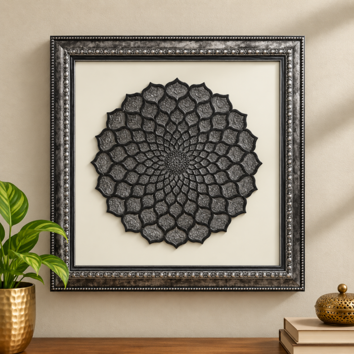 Handcrafted Bidri Round Mughal Design with Pure Silver Wirework – 6 Inch thumbnail 3