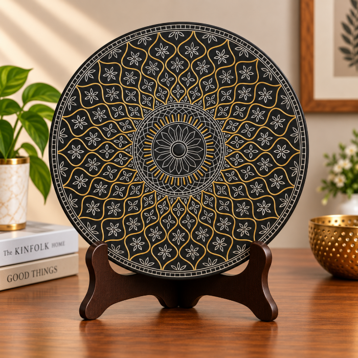 GI-Tagged Bidriware Mughal Decorative Plate with Silver Inlay – 8 Inch thumbnail 2